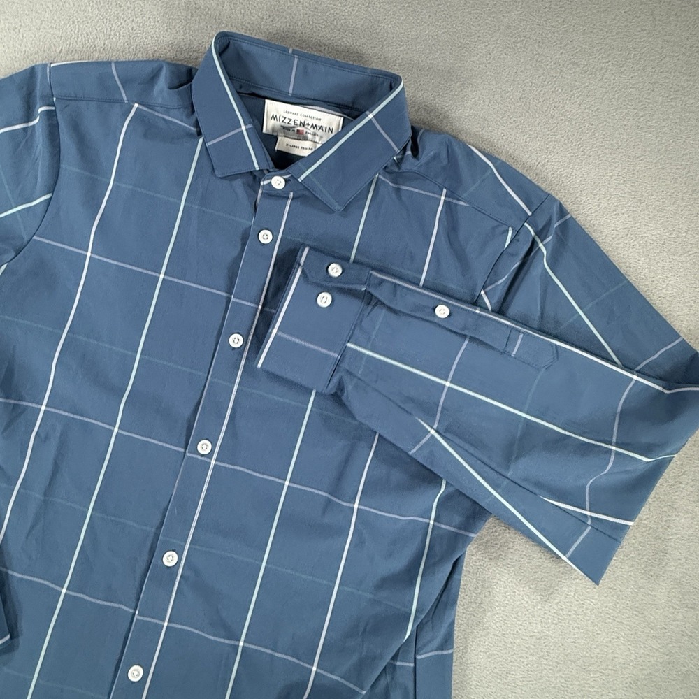 Mizzen+Main Leeward Shirt Mens XL Blue Windowpane Trim Fit Non Iron Dress